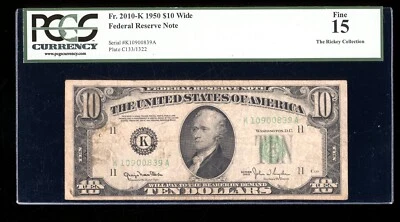DBR 1950 $10 FRN Wide Dallas Fr. 2010-Kw PCGS 15 Serial K10900839A - Image 1 of 2