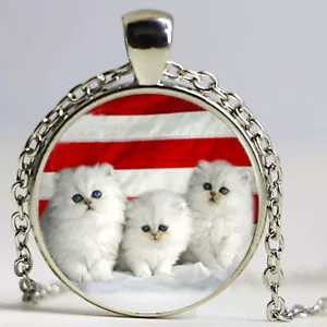 WHITE KITTENS CAT Handmade Glass Pendant German Silver 20" Necklace Women Men - Picture 1 of 7