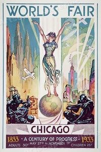 1833-1933 Chicago Fiera Mondiale Un Secolo di Progresso Poster Vintage Viaggio 24x36 - Foto 1 di 3