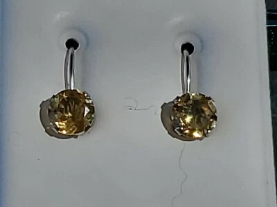 Yellow Topaz Labcreated Round Cut Dangle Leverback Earrings 14kt Solid WhiteGold - Image 1 of 4