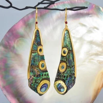 Pendientes Ala Libélula Abulón Talla Oro Vermeil Plata Esterlina Rubí 10.97g Foto 1 de 4