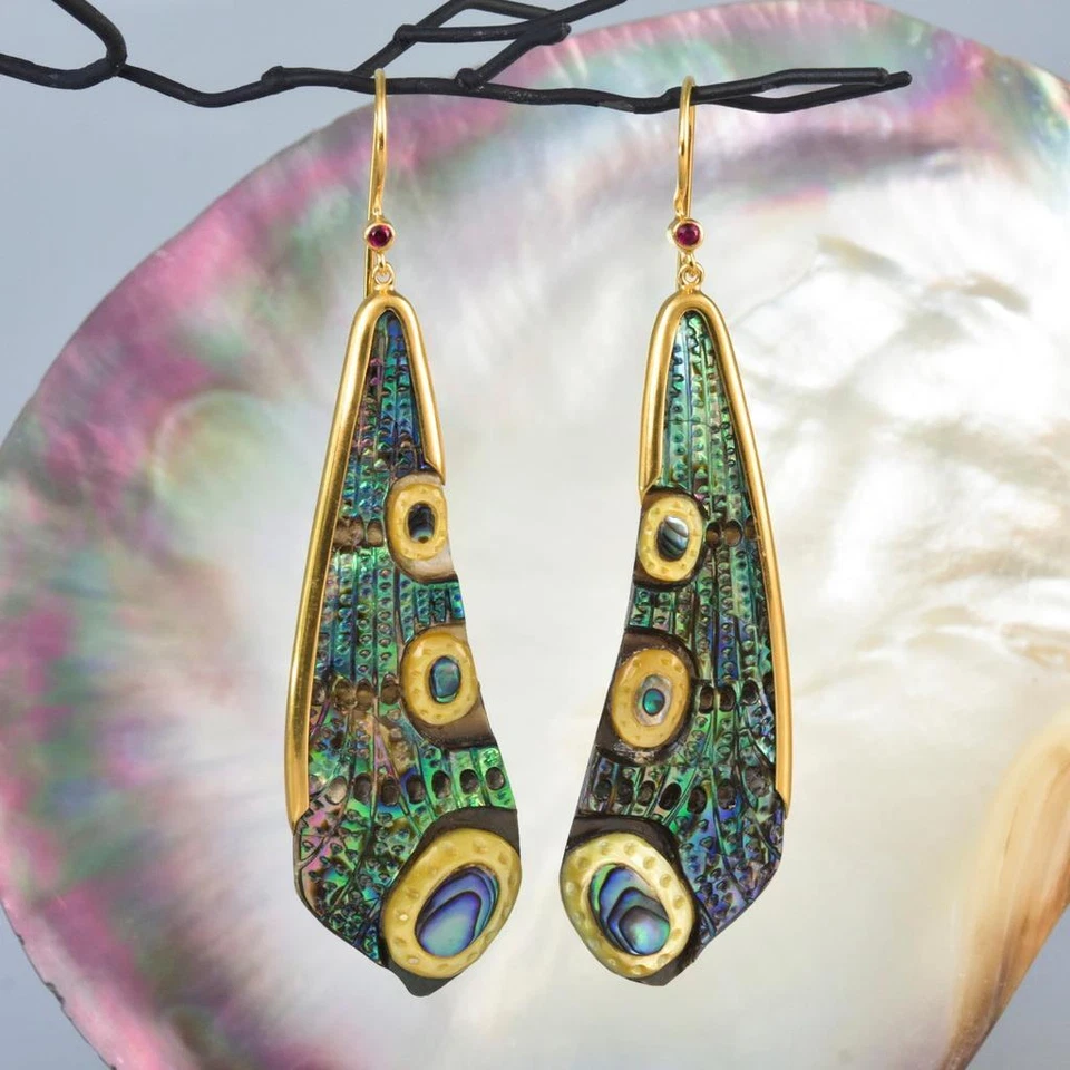 Pendientes Ala Libélula Abulón Talla Oro Vermeil Plata Esterlina Rubí 10.97g Foto 1 de 4