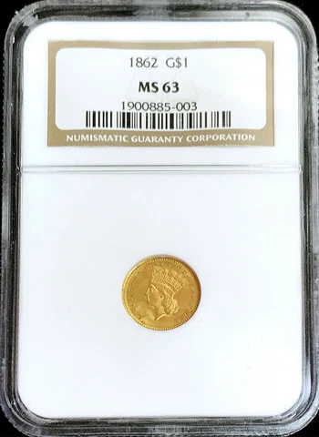 1862 GOLD USA PRINCESS HEAD $1 DOLLAR CIVIL WAR ERA NGC MINT STATE 63 Cover