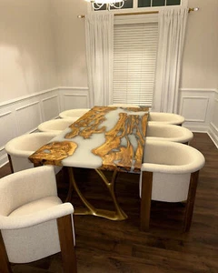 White Epoxy Dining Table Top, Wooden Epoxy Resin Table Living Room Furniture - Picture 1 of 4