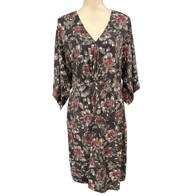 Garnet Hill Dress Womens L Gray Floral Midi Knot Waist Soft Knit V Neck Office - Image 1 of 4