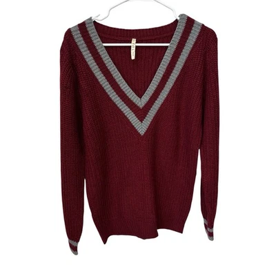 POL V-Neck Sweater Women’s Small  Burgundy Campus Style Preppy - Image 1 of 4