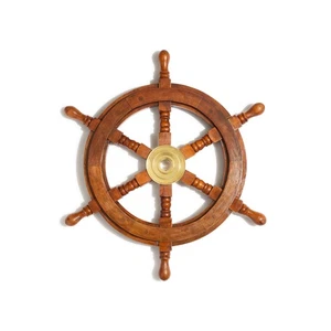 18″ Brown Wooden Ship Wheel with Gold Brass Hub – Nautical Wall Decor Pirate - Picture 1 of 3