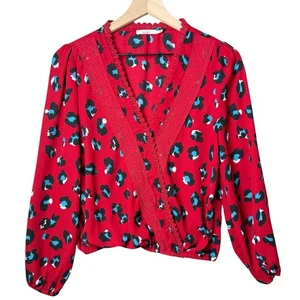 Mi Ami Bluse rot blau geblümt Langarm V-Ausschnitt Spitze Oberteil Damen Größe M - Bild 1 von 12