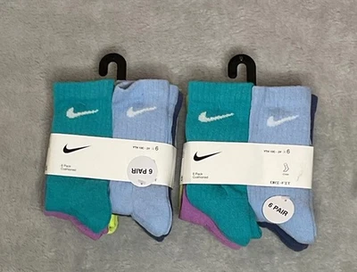 Lot of 2 PK Of 6 Nike Dri-fit Everyday Plus Youth Crew Socks Multicolor 10C-3Y - Image 1 of 4