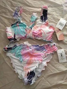 Hobie Girls Bright Coral Crochet Halter Bikini 2 Piece Swimsuit size 12 NWT $39 - Picture 1 of 4