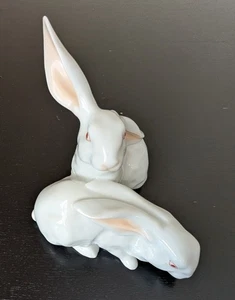 Herend Porcelain Hungary Large 5" White Natural 2 Rabbit Figurine #5269 Ear Up - Picture 1 of 8