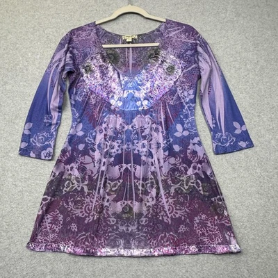 Top túnica Energie World Wear para mujer S púrpura azul rosa cuello en V boho floral Y2K Foto 1 de 4