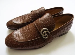 GUCCI Brown Crocodile Alligator Leather GG Loafers Shoes 12 US 45 Euro 11 UK - Picture 1 of 13