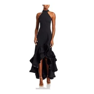 AQUA Racerback Ruffle Hem Gown Women's 4 Black Mock Neck Sleeveless Back Zip - Picture 1 of 15