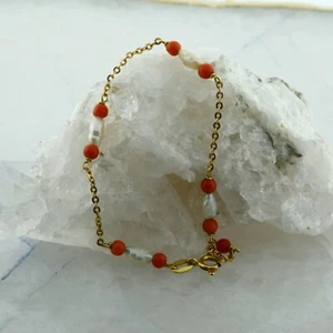 18K Yellow Gold Red Coral and Rice Freshwater Pearl Bracelet 7 inches - Picture 1 of 4