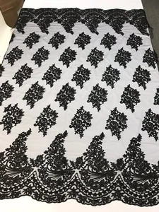 BLACK FLORAL DESIGN WITH CORD EMBROIDERY ON A MESH LACE-SOLD BY YARD. - Picture 1 of 9