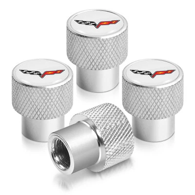 Chevrolet Corvette C6 Logo White on Shining Silver Aluminum Tire Valve Stem Caps - Image 1 of 4