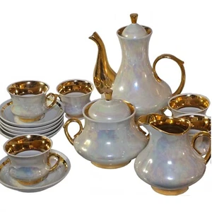 Vintage Teeservice Set Teekanne Zucker Milchkännchen Tassen Untertassen irisierend perlmutt  - Bild 1 von 24