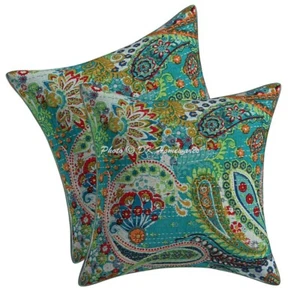 Indian Bohemian Cotton Throw Pillow Covers Kantha Paisley Set Of 2 Pillowcase - Picture 1 of 6