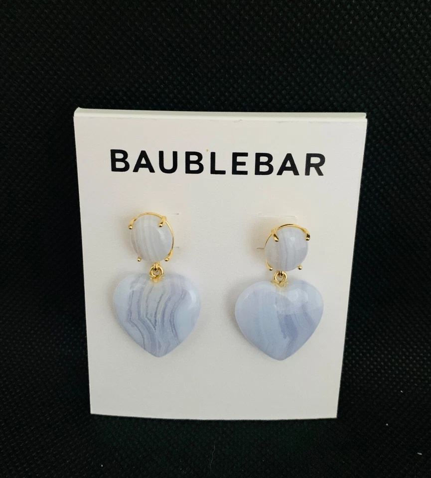 BAUBLEBAR JUNO SHERY BLUE LACE AGATE GEMSTONE HEART DROP EARRINGS 1.4" NEW - Image 1 of 4