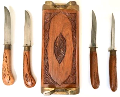 Rare Antique 4 Hand Carved Rosewood Knife Set India-Wood & Brass w/Brass Legs - Image 1 of 3