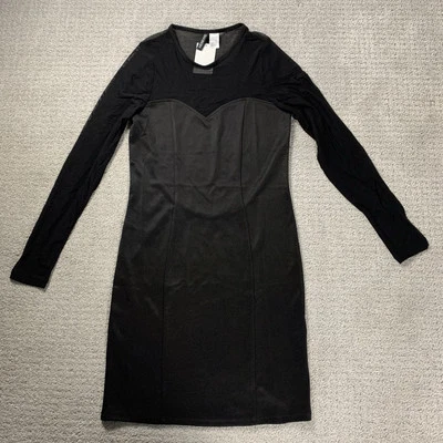 NWT H&M HM Black Mesh Sheer See-Through Back Long Sleeve Pencil Dress, Size 8 - Image 1 of 4