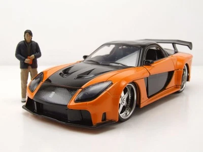 Mazda RX-7 1993 Arancione Nero Quasi & Furious Con Han Figura Modello 1:24 Jada - Immagine 1 di 4