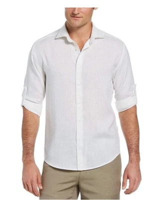 Cubavera Men's Linen Blend Travelselect Rolled Long Sleeve Shirt, White, L NEW - Image 1 of 4
