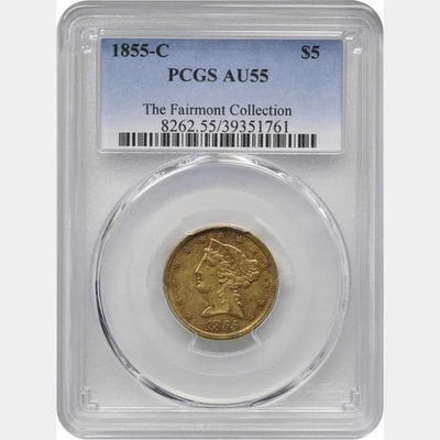 1855-C $5 Liberty Head Gold Coin PCGS AU 55 – Rare Collectible - Image 1 of 3