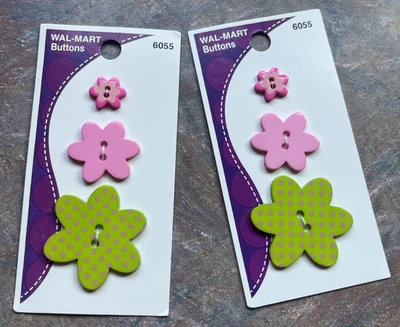 2 Cards Novelty Buttons Pink & Green Posies Blumenthal Lansing - Flower Buttons - Image 1 of 4