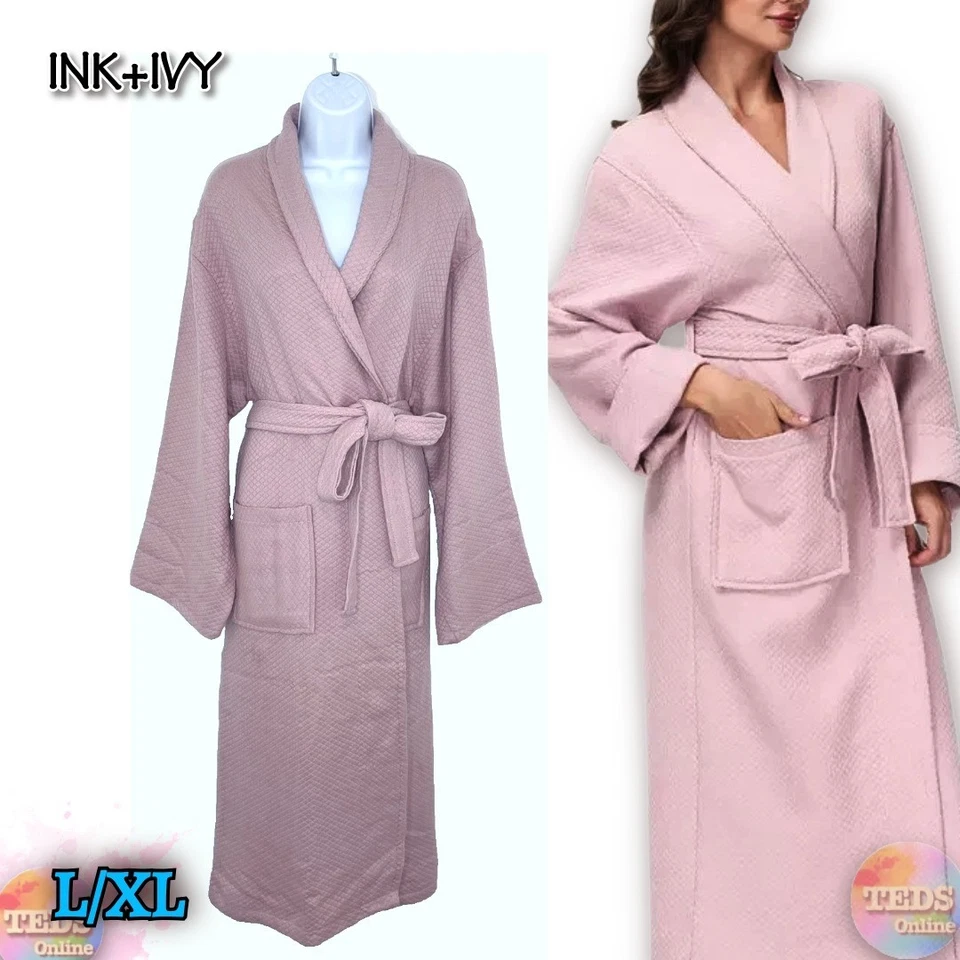 Womens Pajamas Robe Size L/XL Ink Ivy Pink Diamond Waffle Wrap