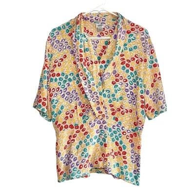 Blusa Vintage 100% Seda Estampado Abstracto Punto Multicolor Disco Camisa Talla 10 M Foto 1 de 4