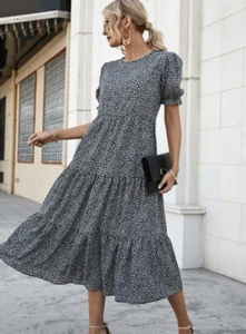 Casual Boho All Over Print Dress Ruffle Puff Sleeve High Waist Midi - Picture 1 of 3
