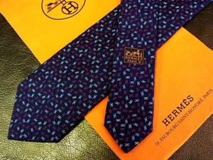 HERMES Neck tie Silk Navy Blue Logo japan seller N0120 25 Made in France - Picture 1 of 2