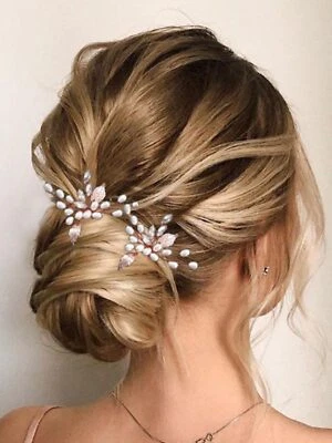 Alfileres para el cabello de novia de perlas pieza de cabello de hoja de oro rosa pedrería boda accesorios para el cabello... Foto 1 de 4