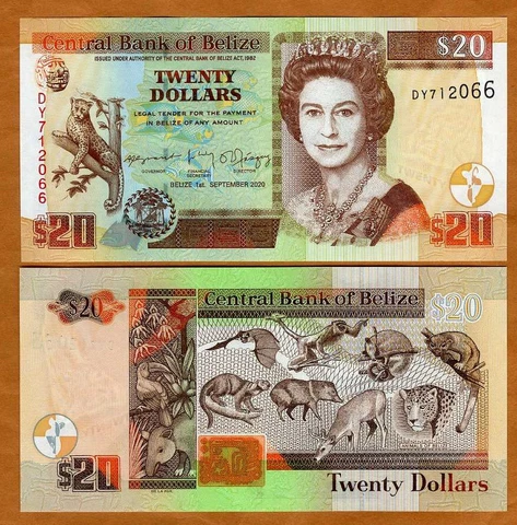 Belize, 20 Dollars, 2020, QEII, P-69-New, UNC Animals Cover
