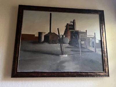Industrial WPA style framed signed dated painting roof top 1971 about 21 x 27 - Image 1 of 4