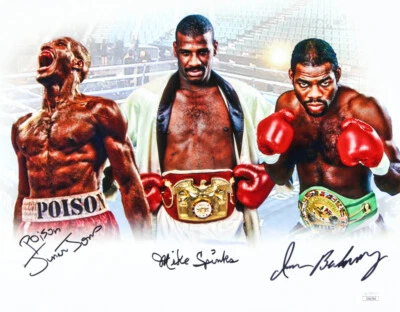 IRAN BARKLEY, MIKE SPINKS & JUNIOR JONES AUTOGRAPHED 11x14 COLOR PHOTO - JSA!  - Image 1 of 2