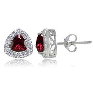 Sterling Silver Created Ruby & White Topaz Trillion-Cut Stud Earrings - Picture 1 of 4