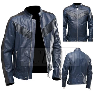 Classic Biker Vintage Motorcycle Cafe Racer Navy Real Leather Jacket by Suzahdi - Picture 1 of 4