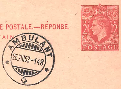 GB USED SWITZERLAND KGVI 2d Reply Card *Kandersteg-Bern* TPO 1953 AMBULANT YD153 - Image 1 of 4