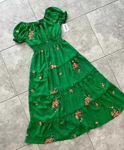 Anthropologie Kindred Floral Tiered Off Shoulder Green Maxi Dress Peasant L Neu - Bild 1 von 14