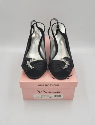Nina Negro Brillo Satinado Peep Toe Tacones Cordones Estrás Fiesta Vacaciones Talla 8 Foto 1 de 4