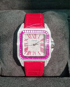 Cartier Santos 100 set personalizzato diamante lunetta rossa e quadrante 2016 scatola e documenti - Foto 1 di 9