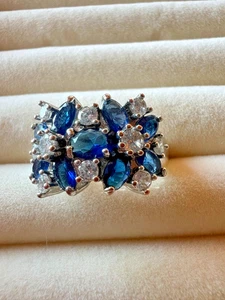 Vintage signierter 925 Sterling Silber Saphir Cluster Ring Gr. 8 kräftig blau elegant - Bild 1 von 19
