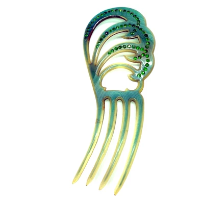 Vintage Celluloid Hair Comb Green Victorian with Rhinestones - Image 1 of 4