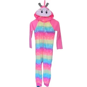 Soft Velour Fleece Rainbow Unicorn Hooded Zip Up One Piece Pajamas S 7/8 - Picture 1 of 2
