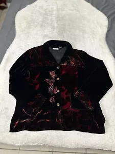 Chicos Design Womens Black Red Button Velvet Goth Shirt Size 2 Rayon Silk - Picture 1 of 6