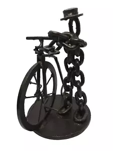 Scrap Metal Hand Made Chain Link Figure Man & Penny Farthing Statue Figurine Art - Picture 1 of 14