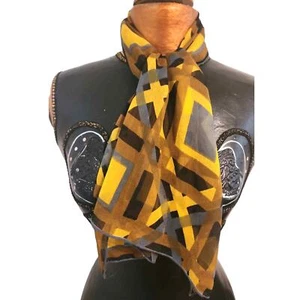 Vintage Vera Neumann Signed Silk Chiffon Geometric Oblong Scarf Yellow Gray Brwn - Picture 1 of 4